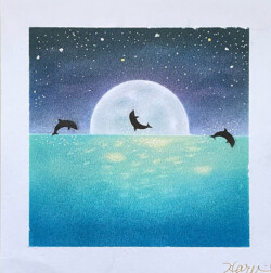 パステルアート 海と満月とイルカの群れ