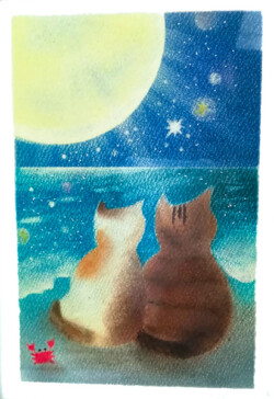 パステルアート 海と満月と猫